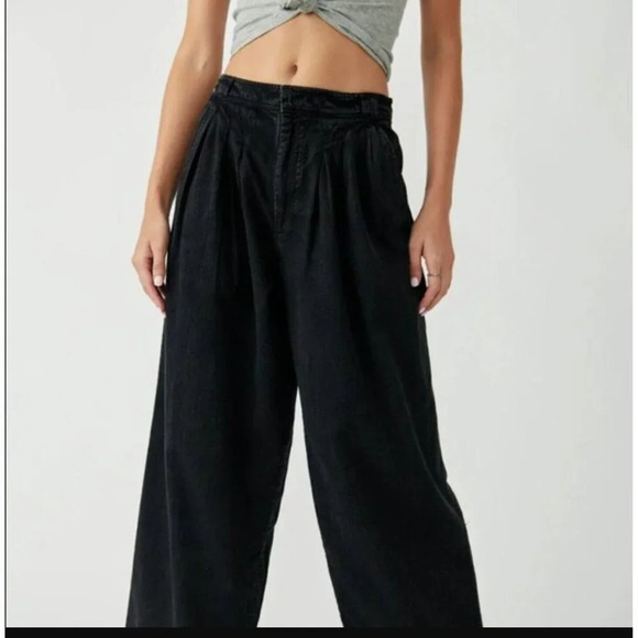 NWT Free People size 4 Linen Trouser Black Wide Leg - Picture 2 of 10